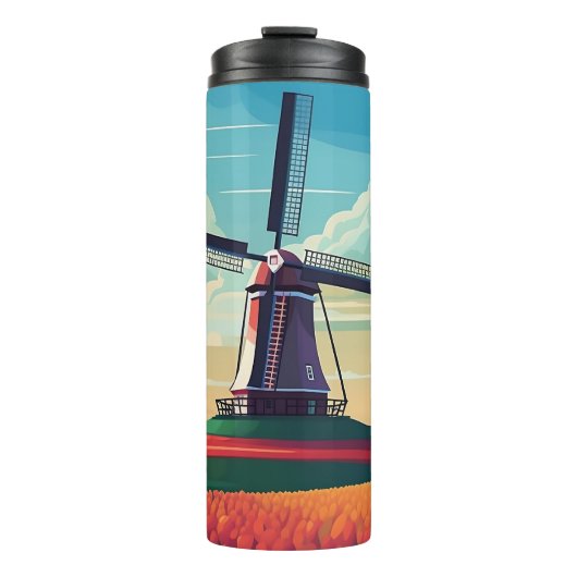 Windmill Tulip Field Netherlands Illustratie Thermosbeker (Voorkant)