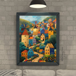 Windmill Village Folk Art Oil Painting Poster