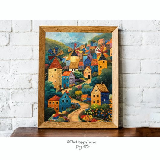 Windmill Village Folk Art Oil Painting Poster