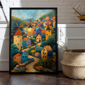 Windmill Village Folk Art Oil Painting Poster