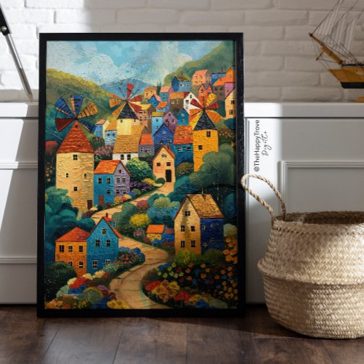 Windmill Village Folk Art Oil Painting Poster