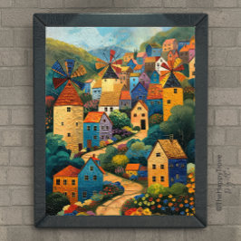 Windmill Village Folk Art Oil Painting Poster