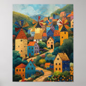 Windmill Village Folk Art Oil Painting Poster (Voorkant)