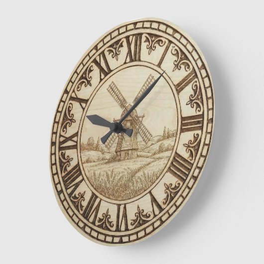 Windmill Wall Clock – Rustic Wood-Burned Style Grote Klok (Hoek)