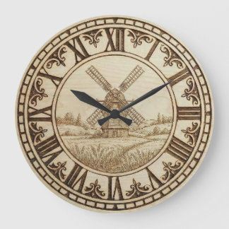 Windmill Wall Clock – Rustic Wood-Burned Style Grote Klok
