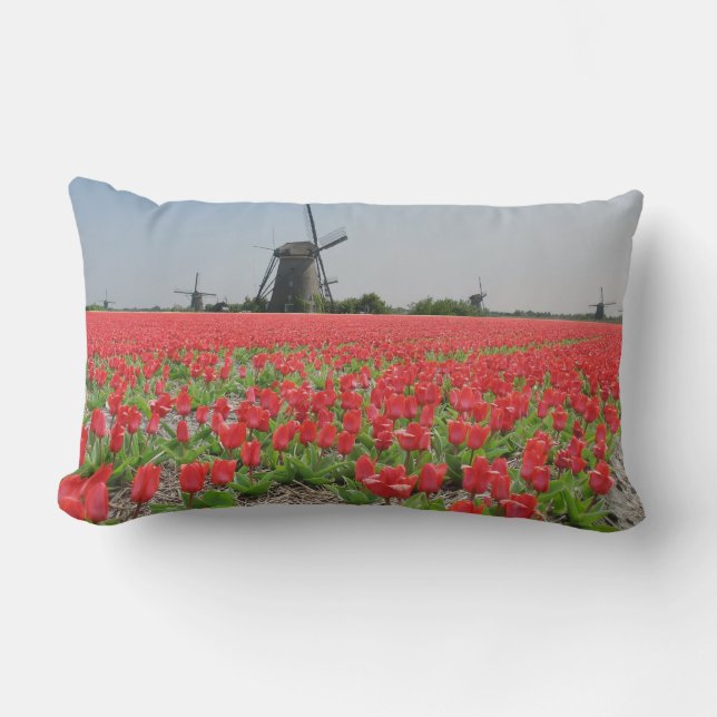 Windmills Red Tulips Field Kussen (Voorkant)