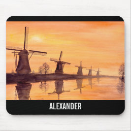 Windmills Sunset Holland Waterverf Painting Muismat