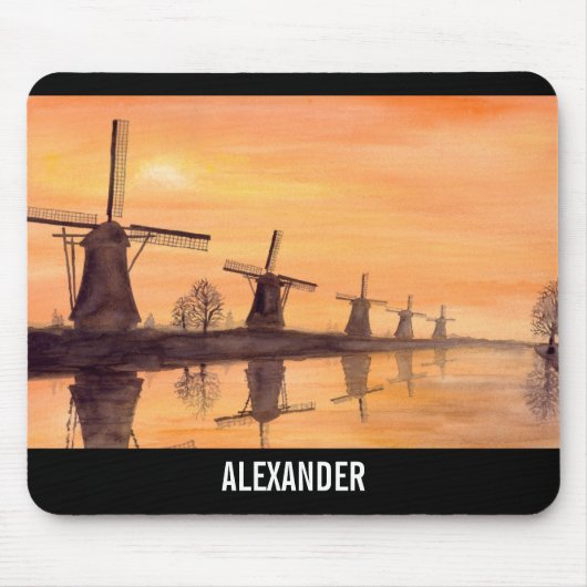 Windmills Sunset Holland Waterverf Painting Muismat (Voorkant)