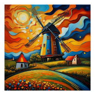 Windmolen bij zonsondergang 10 perfect poster