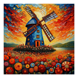 Windmolen bij zonsondergang 3 perfect poster