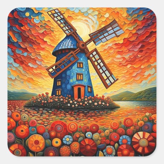 Windmolen bij zonsondergang 3 vierkante sticker (Voorkant)