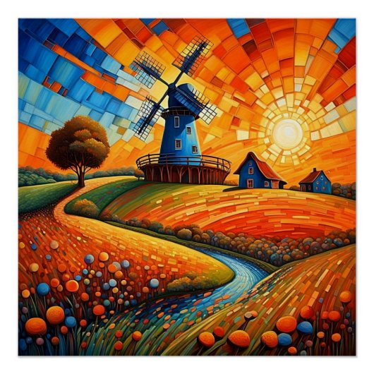 Windmolen bij zonsondergang 5 perfect poster (Voorkant)