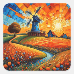 Windmolen bij zonsondergang 5 vierkante sticker