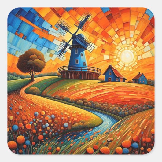 Windmolen bij zonsondergang 5 vierkante sticker (Voorkant)