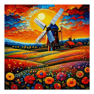 Windmolen bij zonsondergang 7 perfect poster