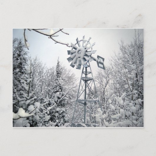 Windmolen en bomen bedekt in sneeuw. briefkaart (Voorkant)