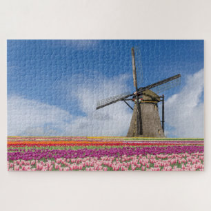 Windmolen en kleurrijke Tulpen Amsterdam Nederland Legpuzzel