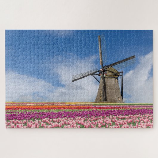 Windmolen en kleurrijke Tulpen Amsterdam Nederland Legpuzzel (Horizontaal)