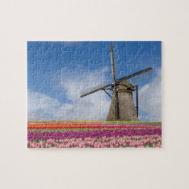 Windmolen en kleurrijke Tulpen Amsterdam Nederland Legpuzzel