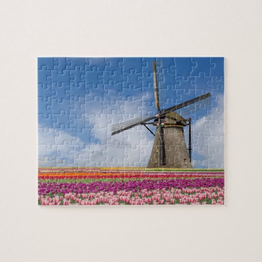 Windmolen en kleurrijke Tulpen Amsterdam Nederland Legpuzzel (Horizontaal)