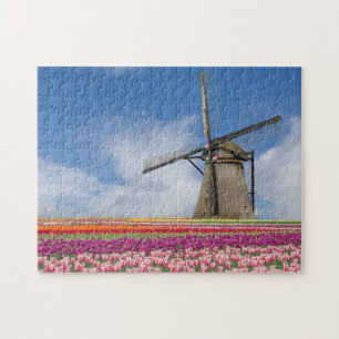 Windmolen en kleurrijke Tulpen Amsterdam Nederland Legpuzzel