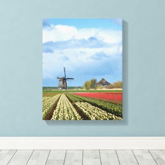 Windmolen en tulpen landschap verticaal canvas afdruk (Insitu (Houten vloer))