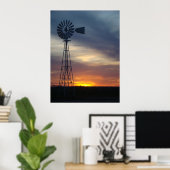 Windmolen en westerne Kansas Sunset Poster (Thuiskantoor)
