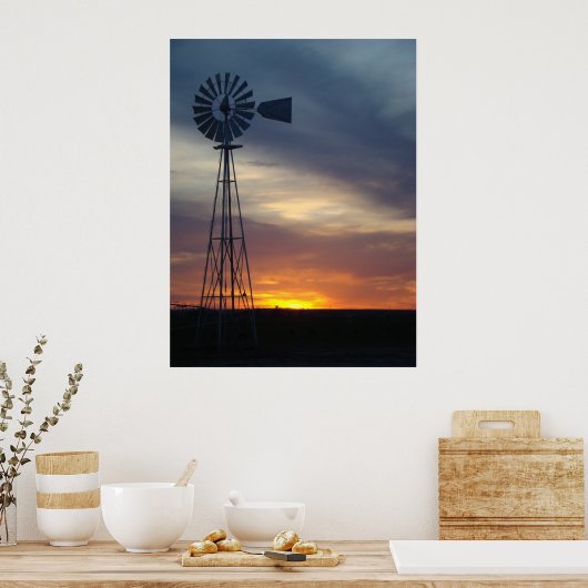 Windmolen en westerne Kansas Sunset Poster (Keuken)