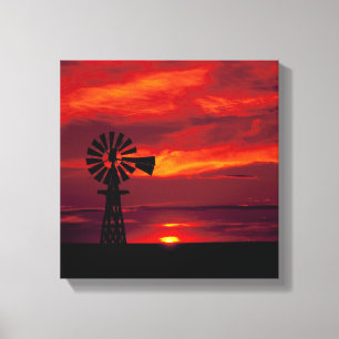 Windmolen en zonsondergang canvas afdruk
