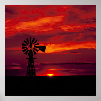 Windmolen en zonsondergang poster