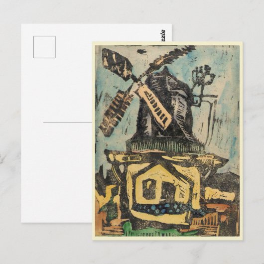 Windmolen Hand Gekleurde Houtsnede Graphic Briefkaart (Voorkant / Achterkant)