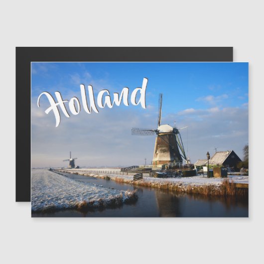 Windmolen in de sneeuw in een nederlands winterlan magnetische uitnodiging (Voorkant / Achterkant)