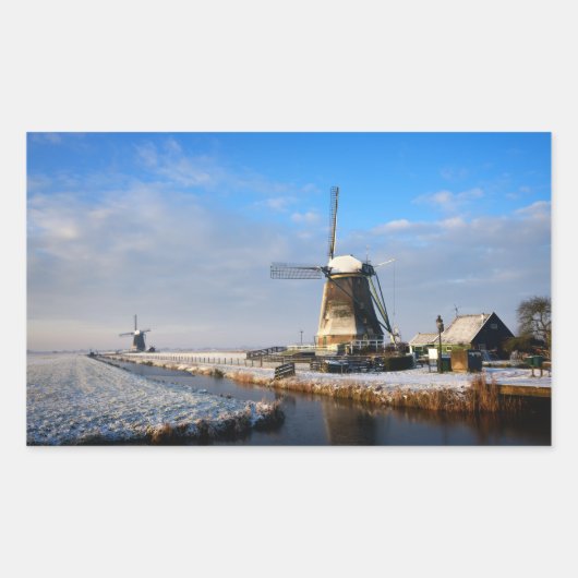 Windmolen in de sneeuw in een nederlands winterlan rechthoekige sticker (Voorkant)