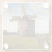 Windmolen in groen veld en witte wolken en blauwe  glazen onderzetter (Achterkant)