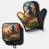 Windmolen in Nederlands Platteland door rivier met Ovenwant & Pannenlap Set (Voorkant / Achterkant)