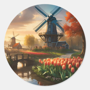 Windmolen in Nederlands Platteland door rivier met Ronde Sticker