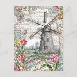 Windmolen met roze tulpen feestdagenkaart