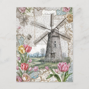 Windmolen met roze tulpen feestdagenkaart