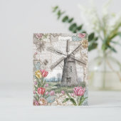 Windmolen met roze tulpen feestdagenkaart (Staand voorkant)