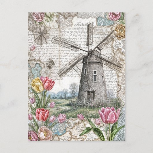 Windmolen met roze tulpen feestdagenkaart (Voorkant)