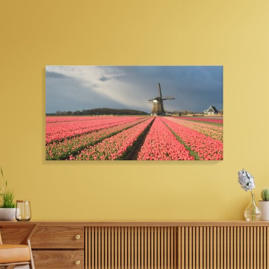 Windmolen met roze tulpen in de lente canvas afdruk (Insitu (Woonkamer))