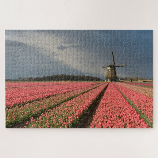 Windmolen met roze tulpen in de lente legpuzzel (Horizontaal)