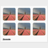 Windmolen met roze tulpen in de lente vierkante sticker (Vel)