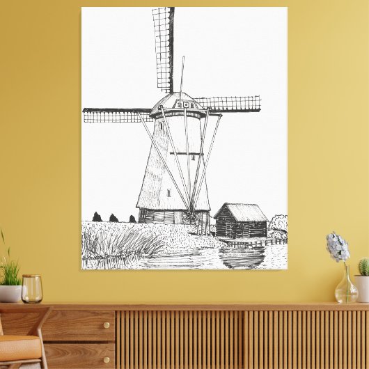 Windmolen Nederland Pen en illustratie inkt Canvas Afdruk (Insitu (Woonkamer))