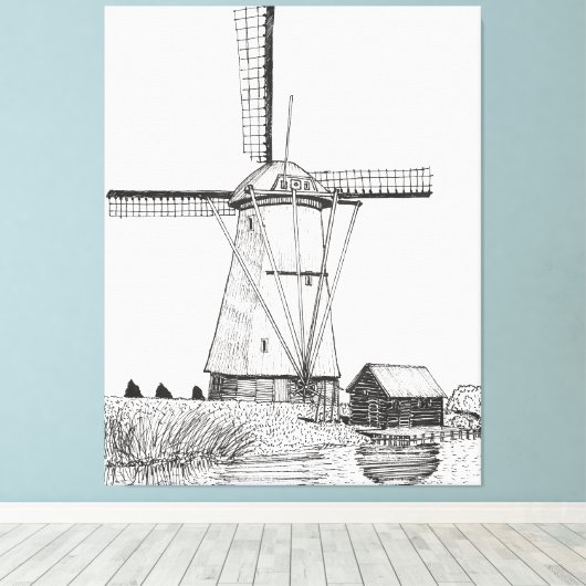 Windmolen Nederland Pen en illustratie inkt Canvas Afdruk (Insitu (Houten vloer))