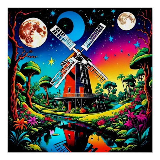 Windmolen onder sterrenhemel 1 perfect poster (Voorkant)