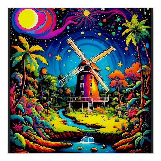 Windmolen onder sterrenhemel 3 perfect poster (Voorkant)