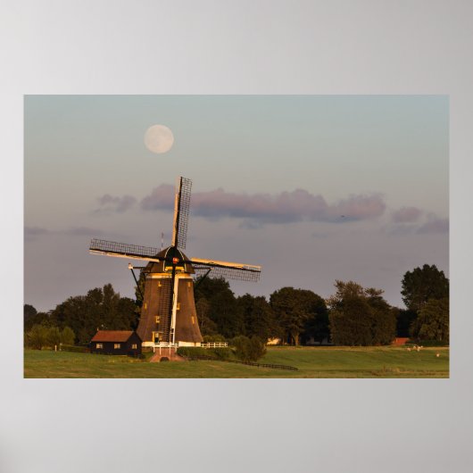 Windmolen onder volle maan horizontaal poster (Voorkant)