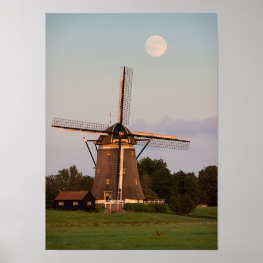Windmolen onder volle maan poster (Voorkant)