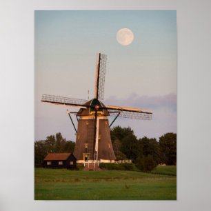 Windmolen onder volle maan poster